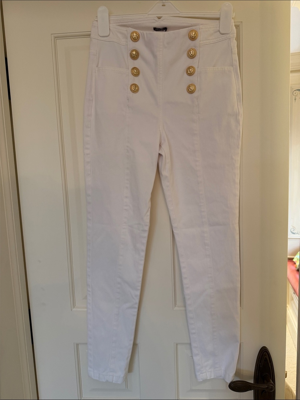 J. McLaughlin White High-Rise “Hastings” Skinny Jeans with Gold Buttons